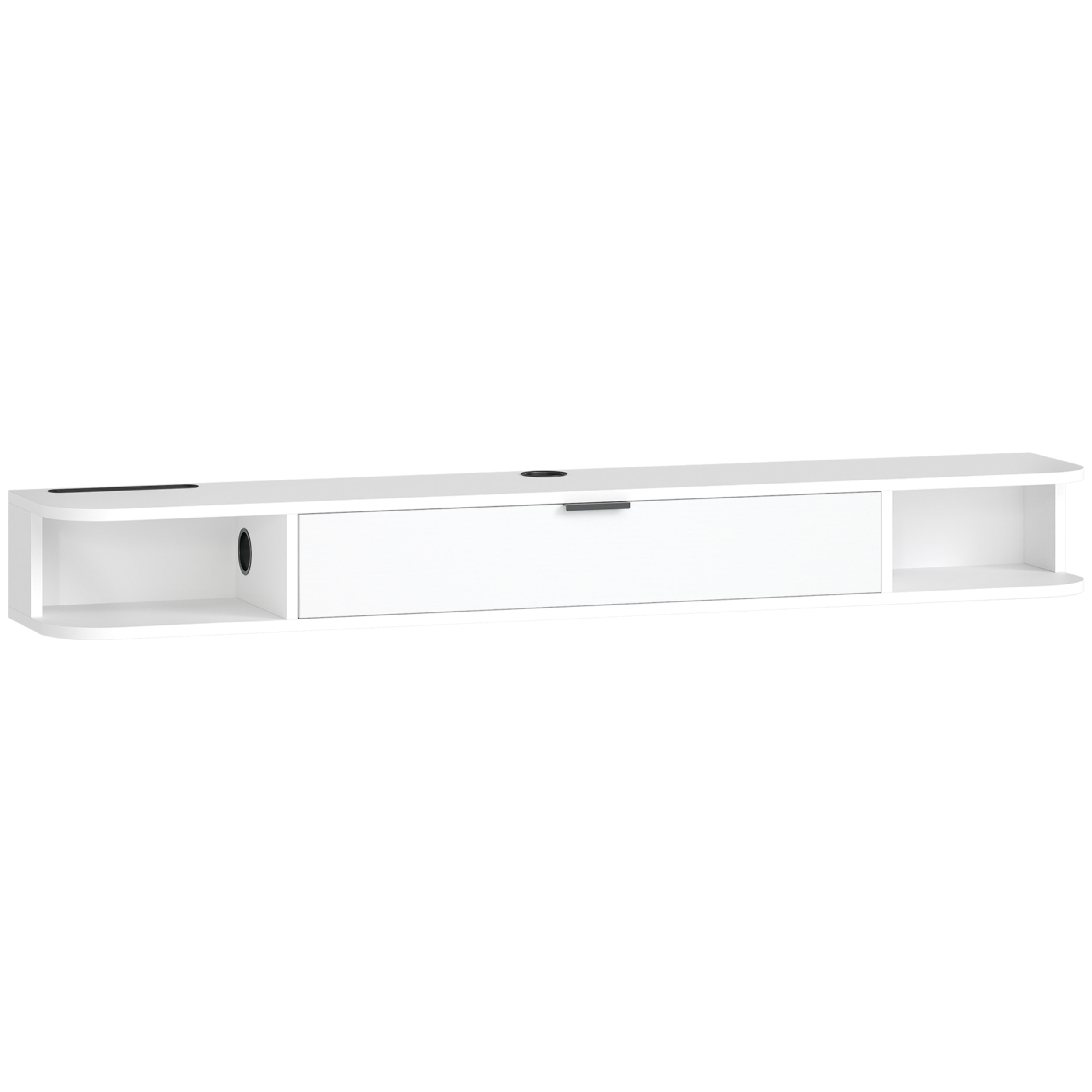 Meuble TV suspendu 140cm - porte, 2 niches, espace routeur, passe-fils - effet bois blanc