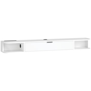 Meuble TV suspendu 140cm - porte, 2 niches, espace routeur, passe-fils - effet bois blanc