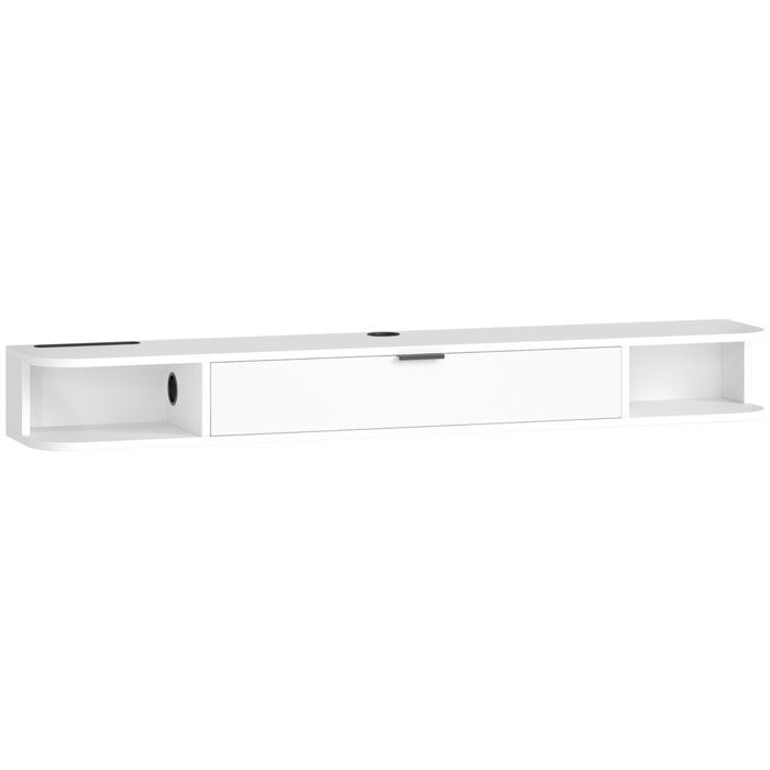 Meuble TV suspendu 140cm - porte, 2 niches, espace routeur, passe-fils - effet bois blanc