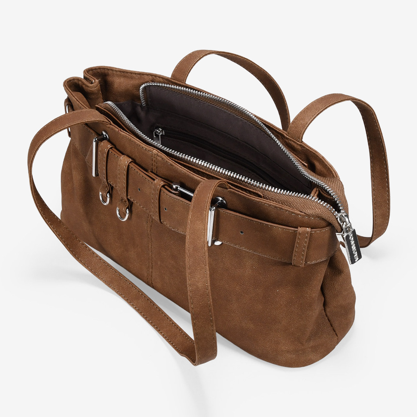 Bolso de hombro marrón con cinturón