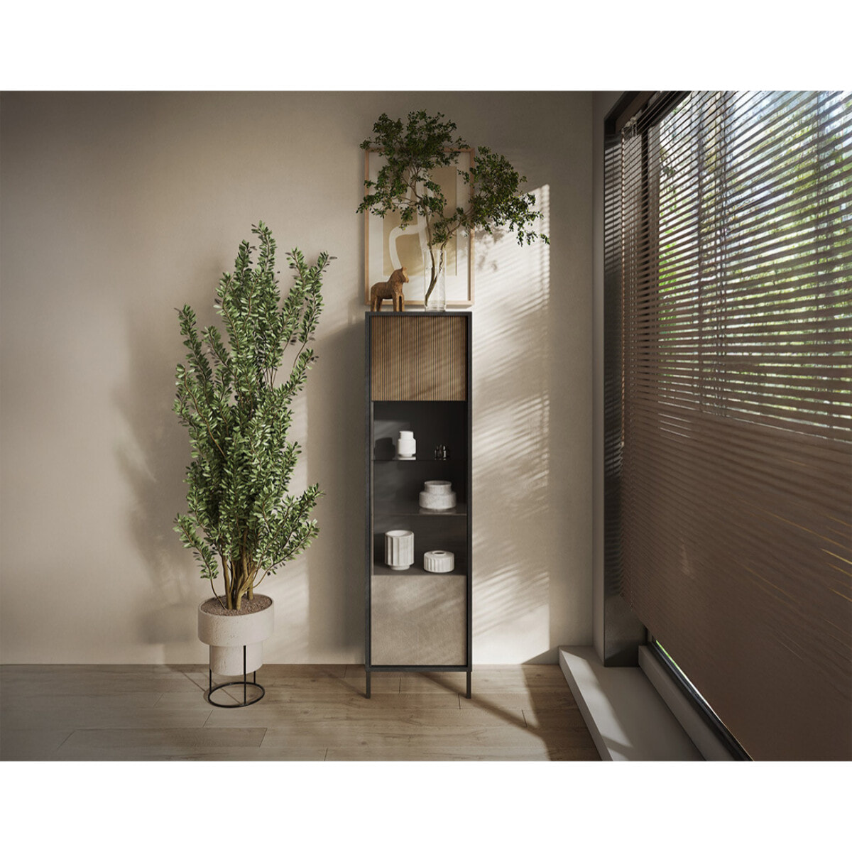 Jules - vitrine - 1 porte - 55x203 cm - Gris / Bois