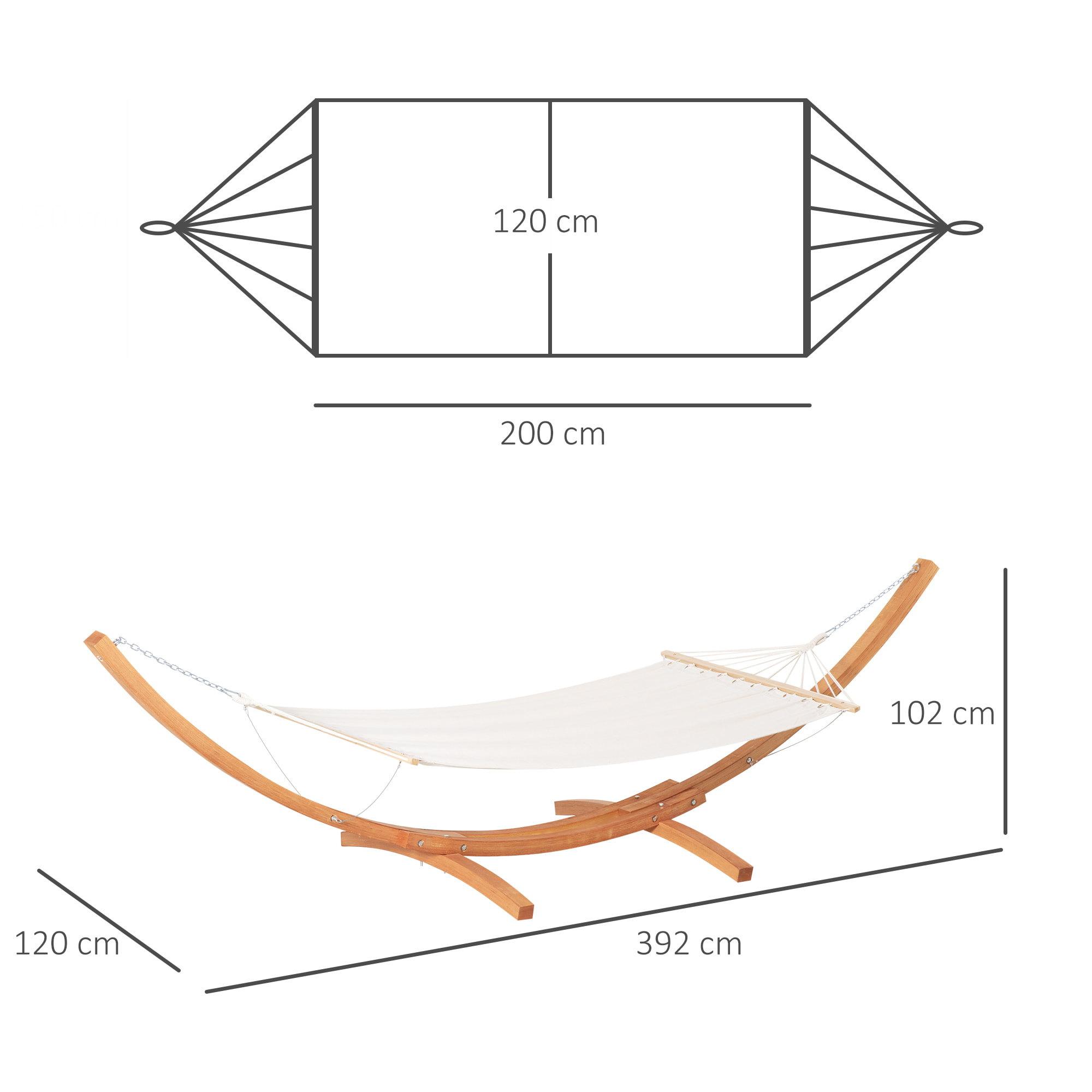 Hamac de jardin avec support en bois hamac sur pied 1 personne dim. 3,92L x 1,2l x 1,1H m toile coton blanc