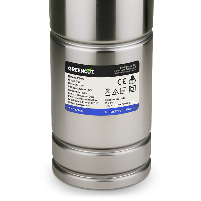 Bomba sumergible de 550 W con caudal máximo de 30 L/min y altura de bombeo hasta 50 m, ideal para aguas claras y pozos - GREENCUT BAS550C