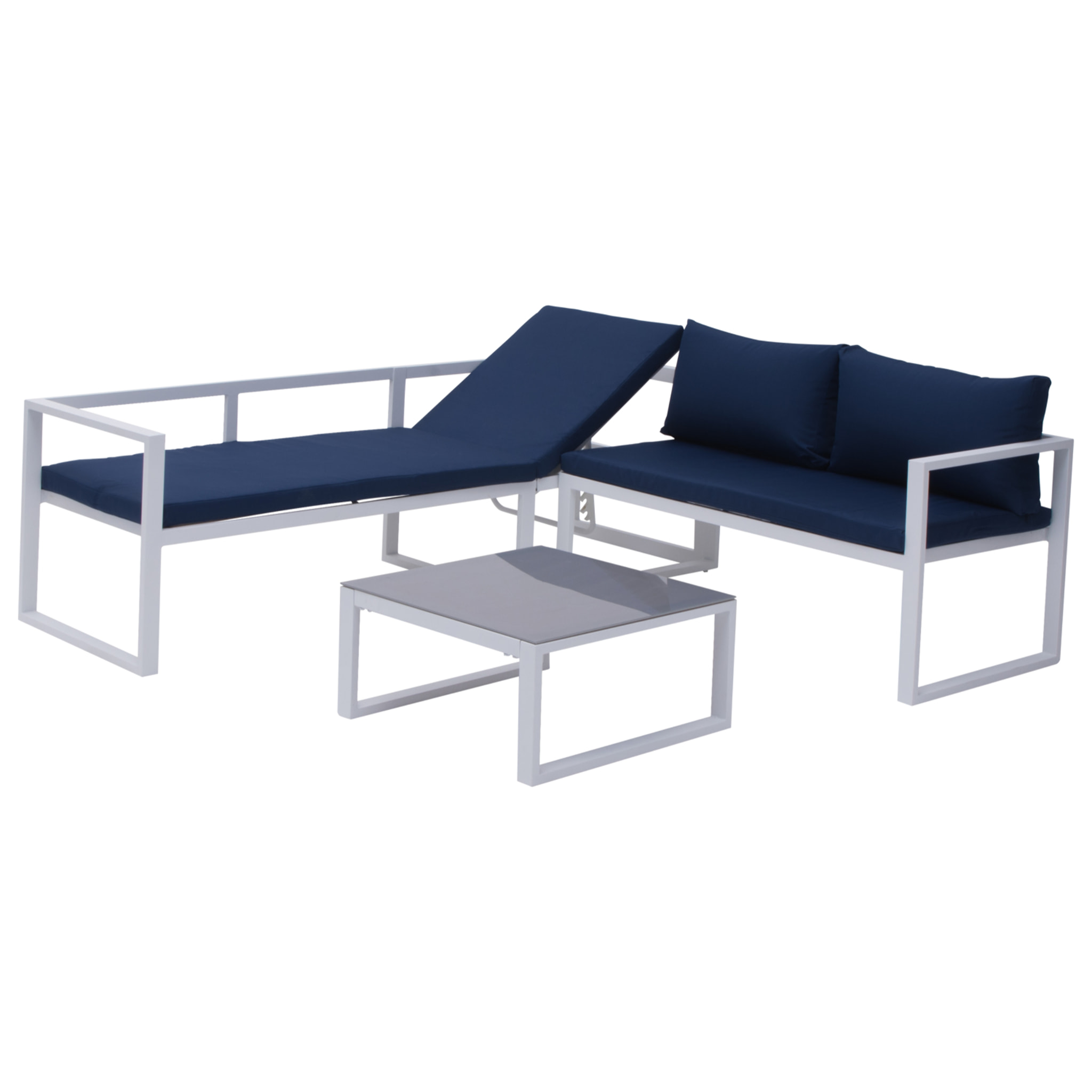 Salon de jardin modulable IBIZA en tissu bleu 7 places - aluminium blanc
