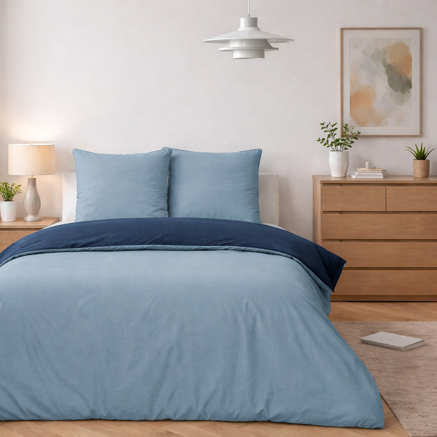 Parure housse de couette + taie 100% coton lavé - vicky bicolore bleu foncé