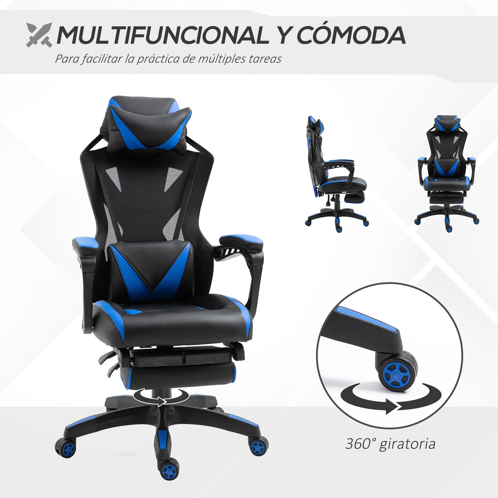 Silla Gaming para Oficina Respaldo Regulable Negro y Azul