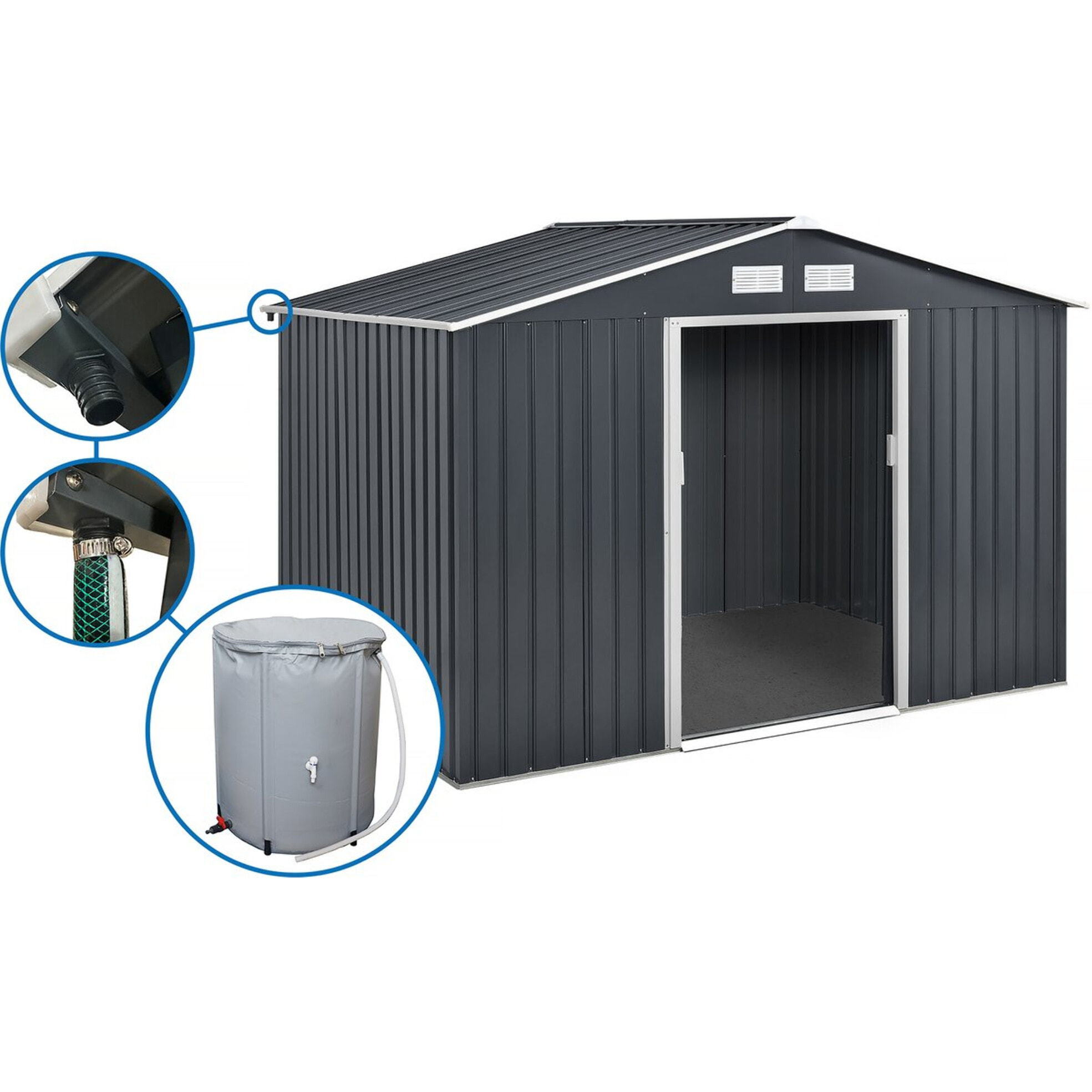 Abri de jardin métal -"Vegas" - 7.06 m² avec gouttière et récupérateur d'eau - Gris