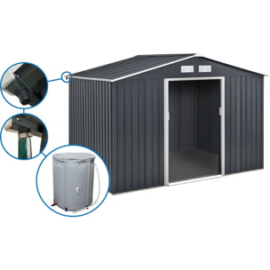 Abri de jardin métal -"Vegas" - 7.06 m² avec gouttière et récupérateur d'eau - Gris