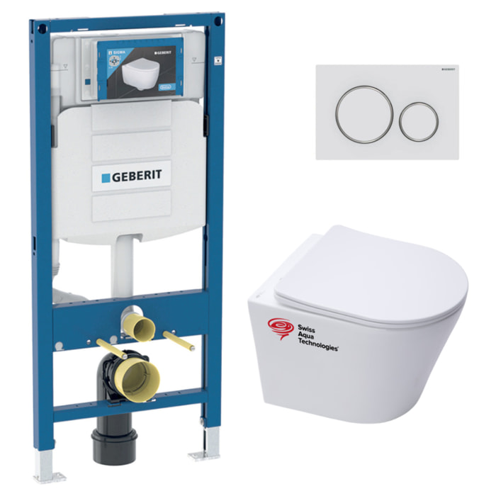 Pack WC Bati-support Geberit + Cuvette Swiss Aqua Technologies sans bride + Abattant soft close + Plaque (GebInfinitio-J)