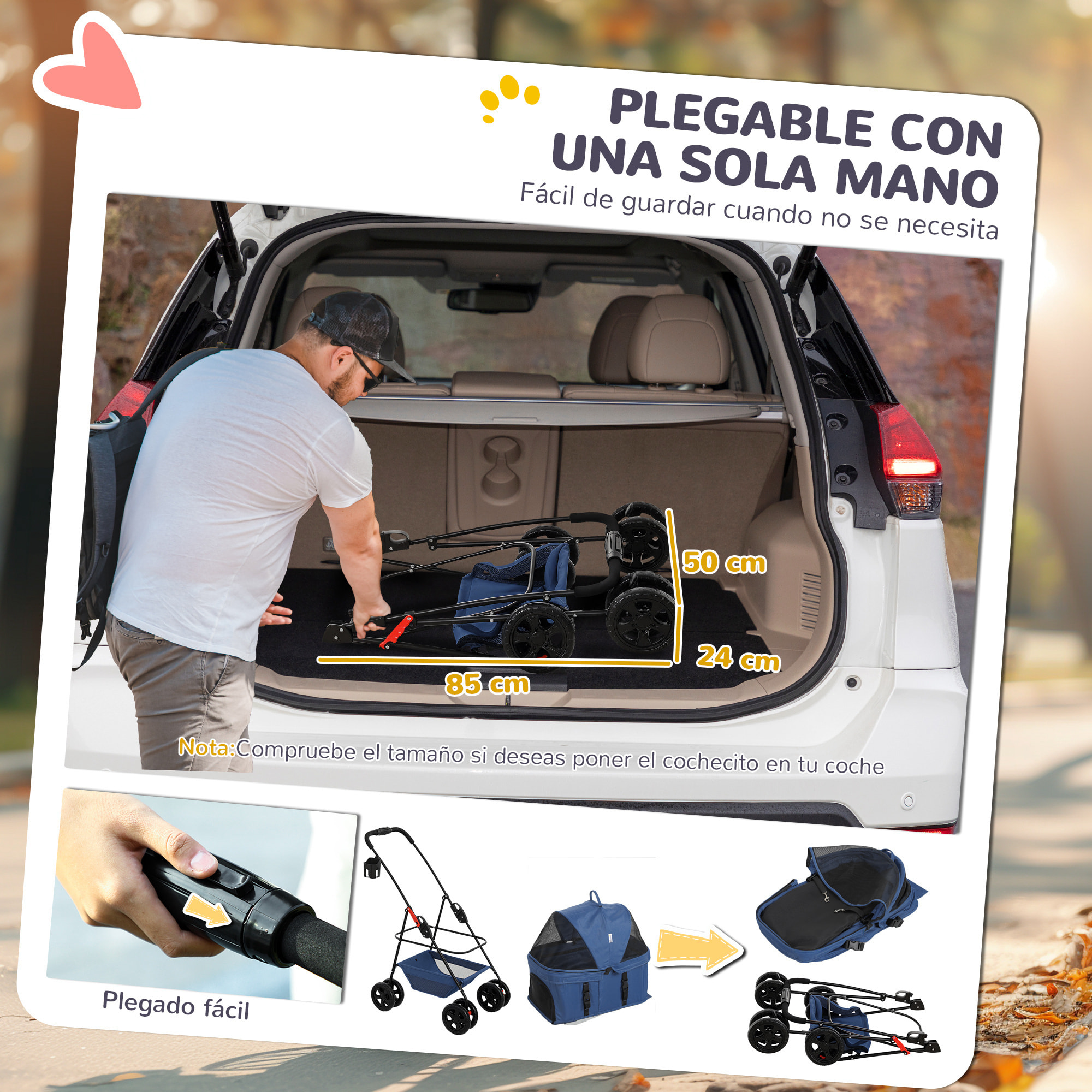 Carrito para Perros Plegable 3 en 1 Cochecito para Mascotas Carrito para Perros Miniatura con Cesta de Almacenaje Ventana de Malla Portavasos y 2 Ruedas Universales 76x50x102 cm Azul Oscuro