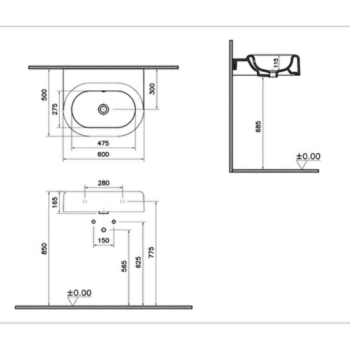 Lavabo VITRA Liquid 60 cm sans trou et avec trop-plein