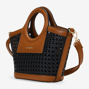 Bolso de mano negro pequeño con rejilla de mimbre