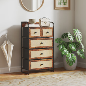 Cómoda para Dormitorio Cajonera de Tela con 5 Cajones Plegables con Frentes de Ratán y Marco de Acero Cajonera para Dormitorio Salón Marrón Rústico