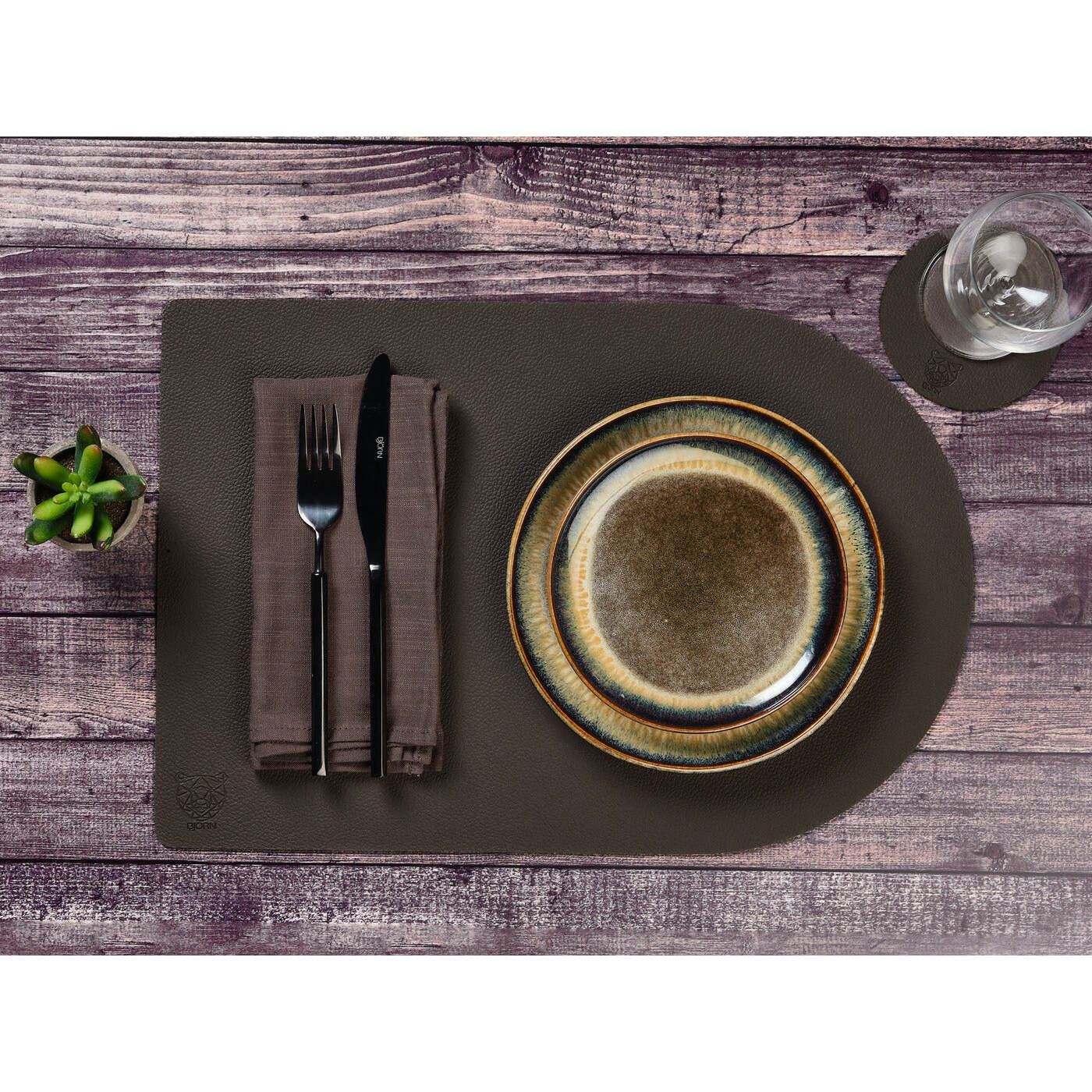Sous-verre rond réversible - 6 pièces - Cuir recyclé orange et chocolat
