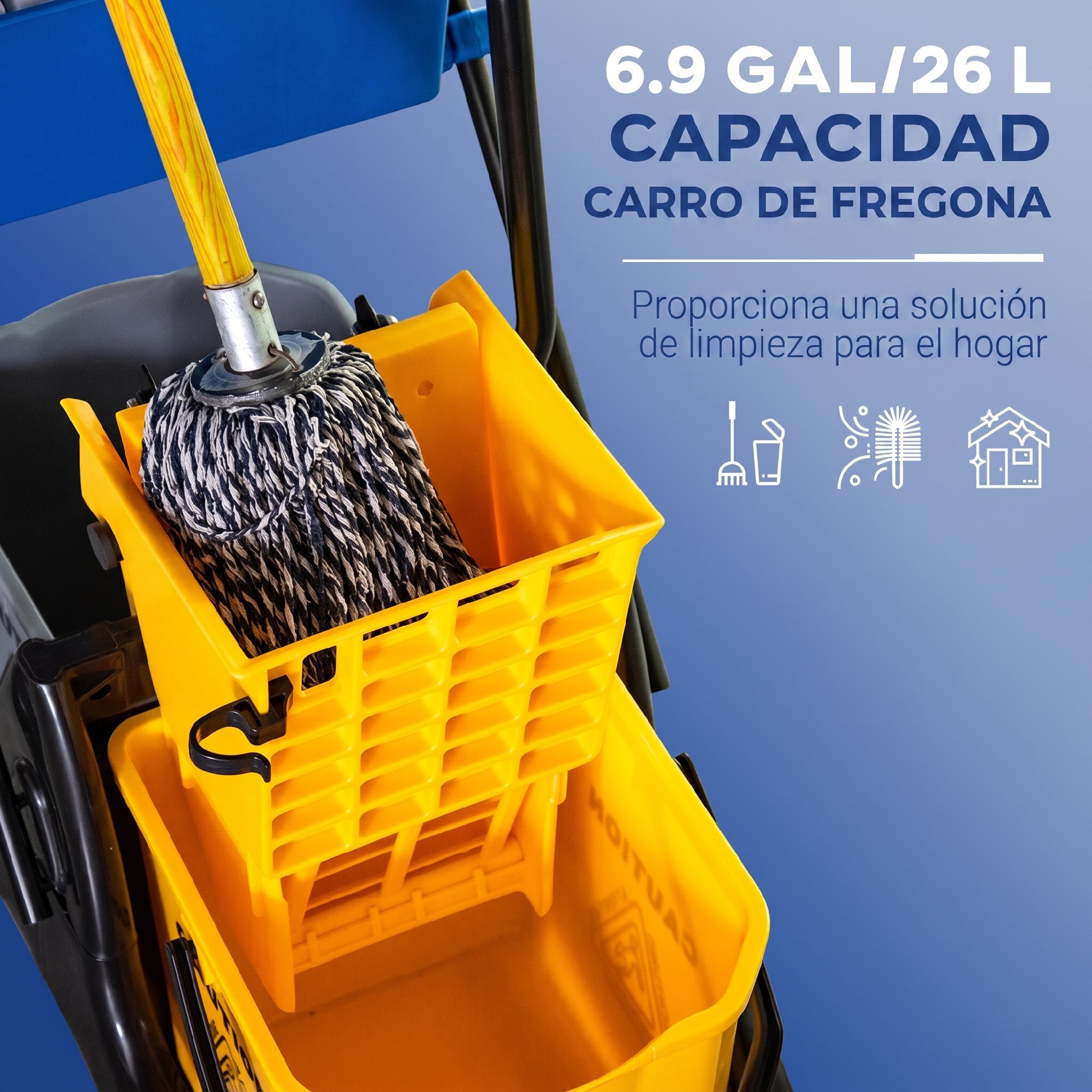 Cubo de Fregona con Ruedas, 26 L, Cubo de Fregar con Sistema de Escurridor de Presión Lateral, Asa de Transporte y Doble Cubetas Separadas para Doméstico y Comercial, Amarillo y Azul