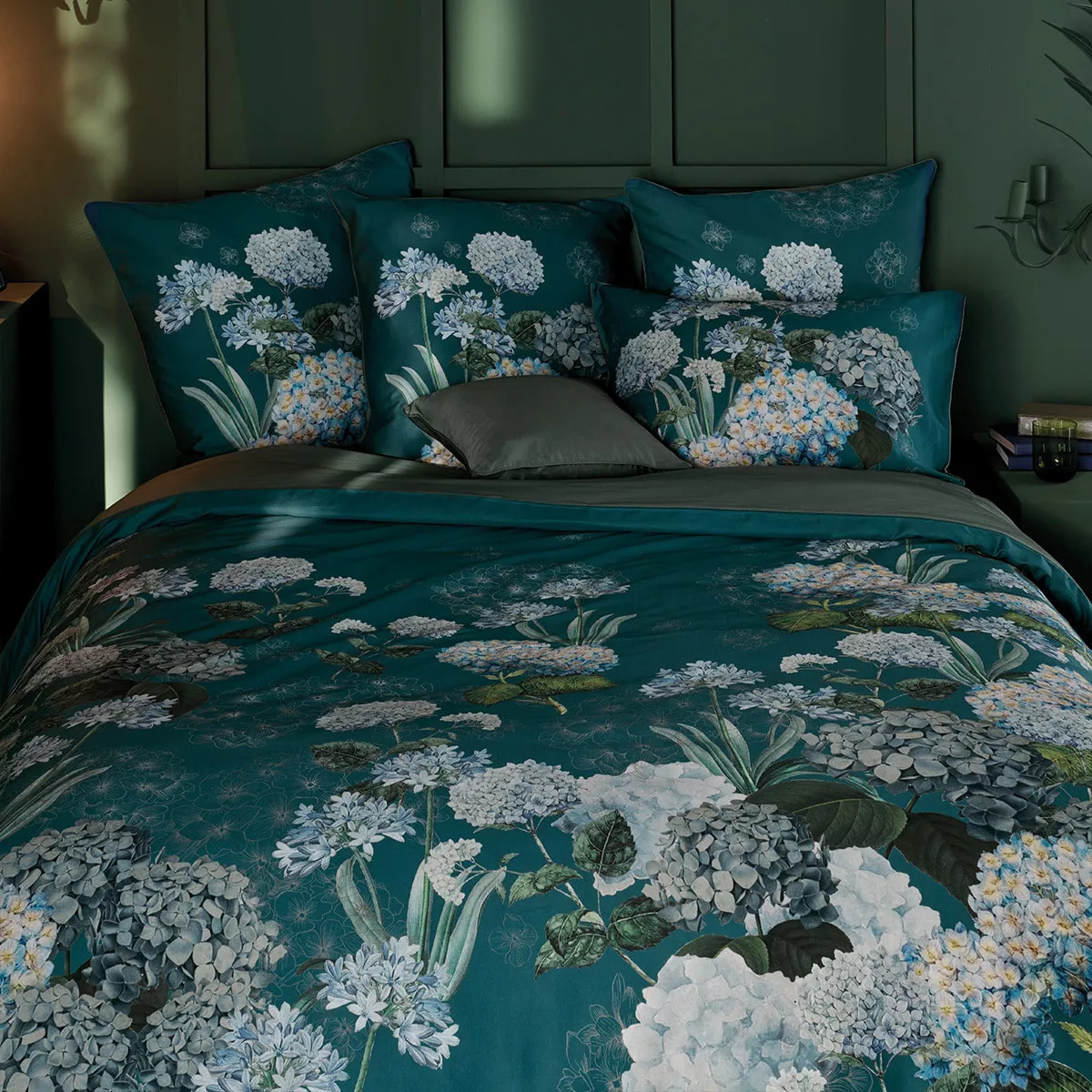 Housse de couette satin de coton 115 g/m² imprimé bleu vert Maelys satin canard