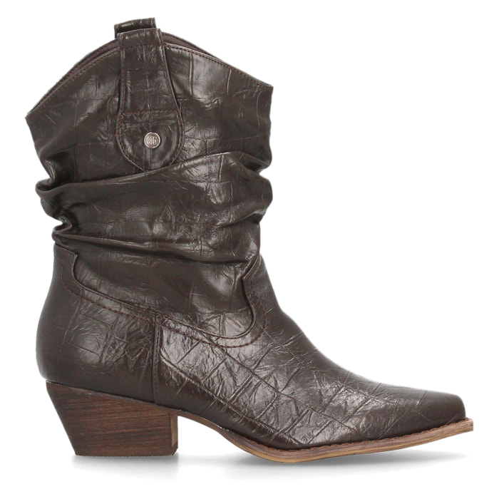 Botines cowboy fruncidos con grabado de cocodrilo para mujer