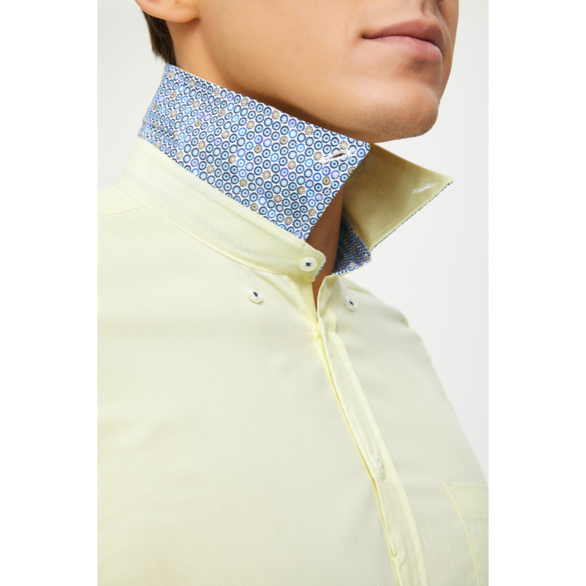 Camicia Uomo 1 Bottone Button Down Manica Corta Slim Cotone Poliestere Oxford Giallo