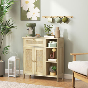 Buffet style bohème naturel - 2 portes, étagère, 3 niches, tiroir - rotin effet bois clair