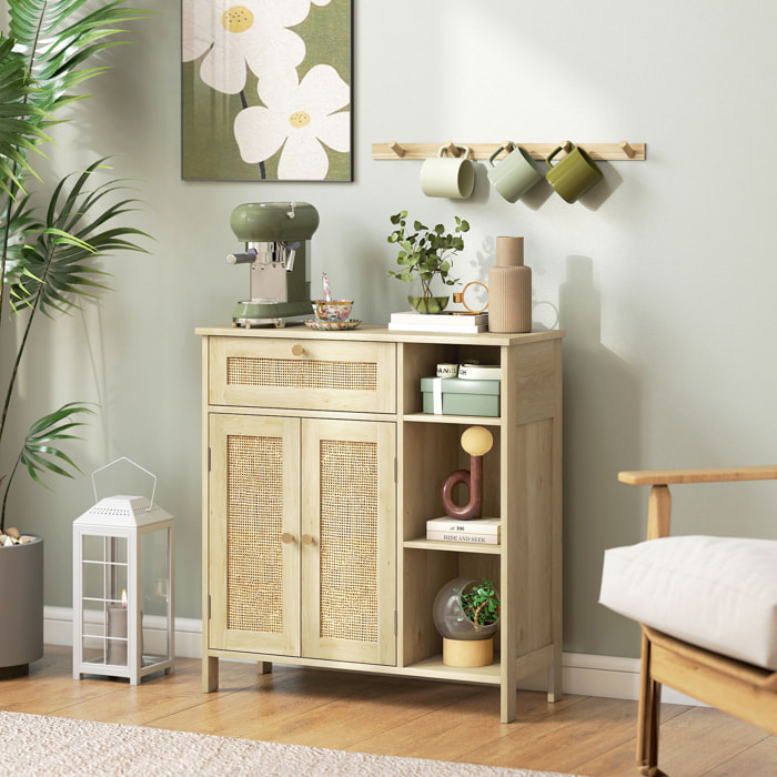 Buffet style bohème naturel - 2 portes, étagère, 3 niches, tiroir - rotin effet bois clair