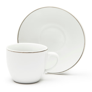 Set 6 Tasses à Café avec Soucoupes Excelsa – Platinum, Porcelaine Blanche avec Bordure Argentée