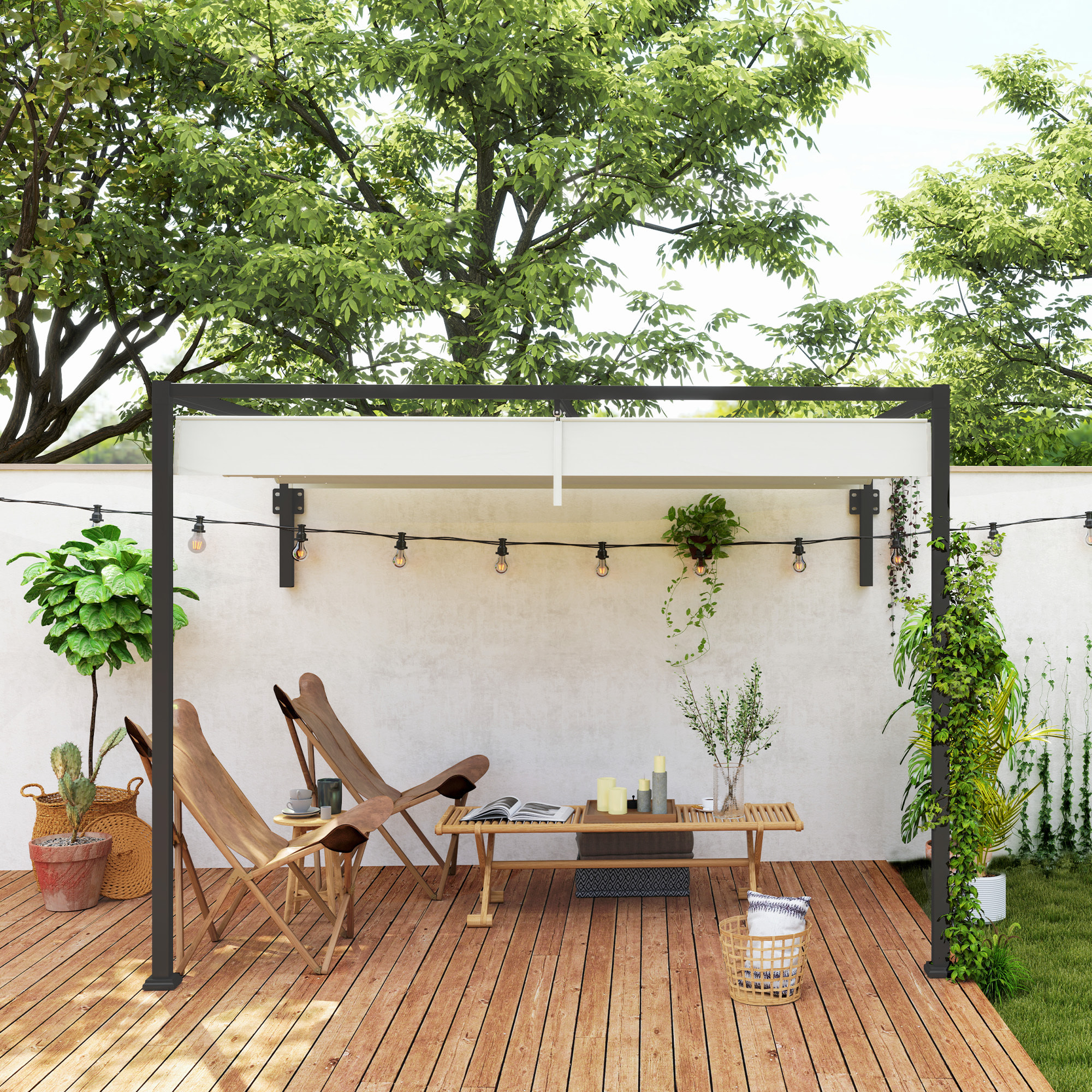 Pérgola con Techo Retráctil Pérgola de Pared 3x2 m Cenador con Tela de Poliéster Resistente al Agua Pabellón para Jardín Patio Terraza Exterior Crema