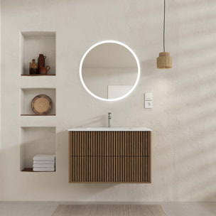 Meuble Salle de Bains YUKI 60 - 2 Tiroirs Décor Chêne et Noir - Vasque Blanche - Miroir LED 60