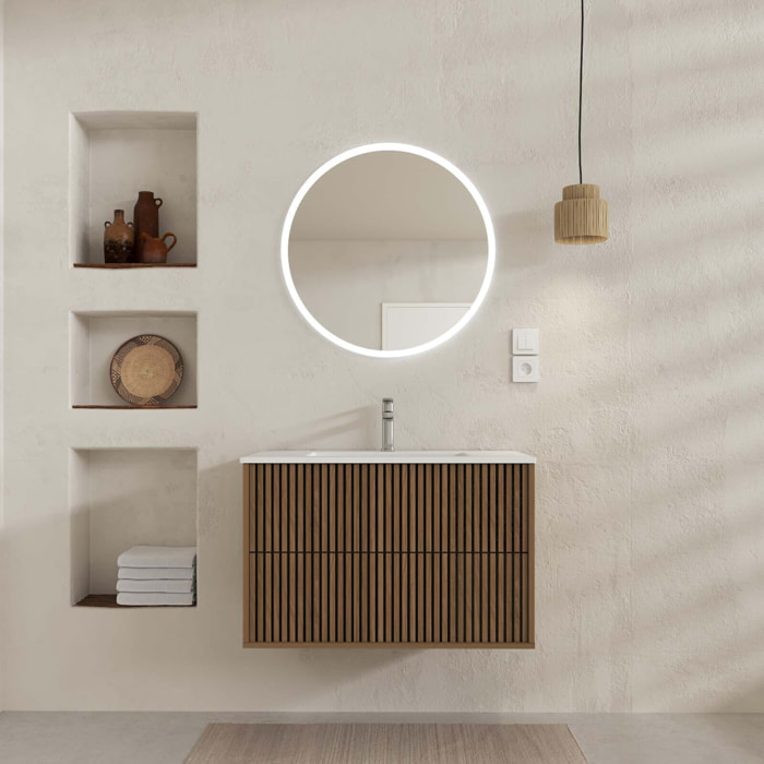 Meuble Salle de Bains YUKI 60 - 2 Tiroirs Décor Chêne et Noir - Vasque Blanche - Miroir LED 60