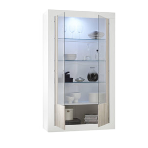 Vetrina moderna con scaffali, Made in Italy, Credenza con anta a vetro, Mobile da soggiorno, Vetrinetta, cm 110x42h190, colore Bianco lucido e Cemento