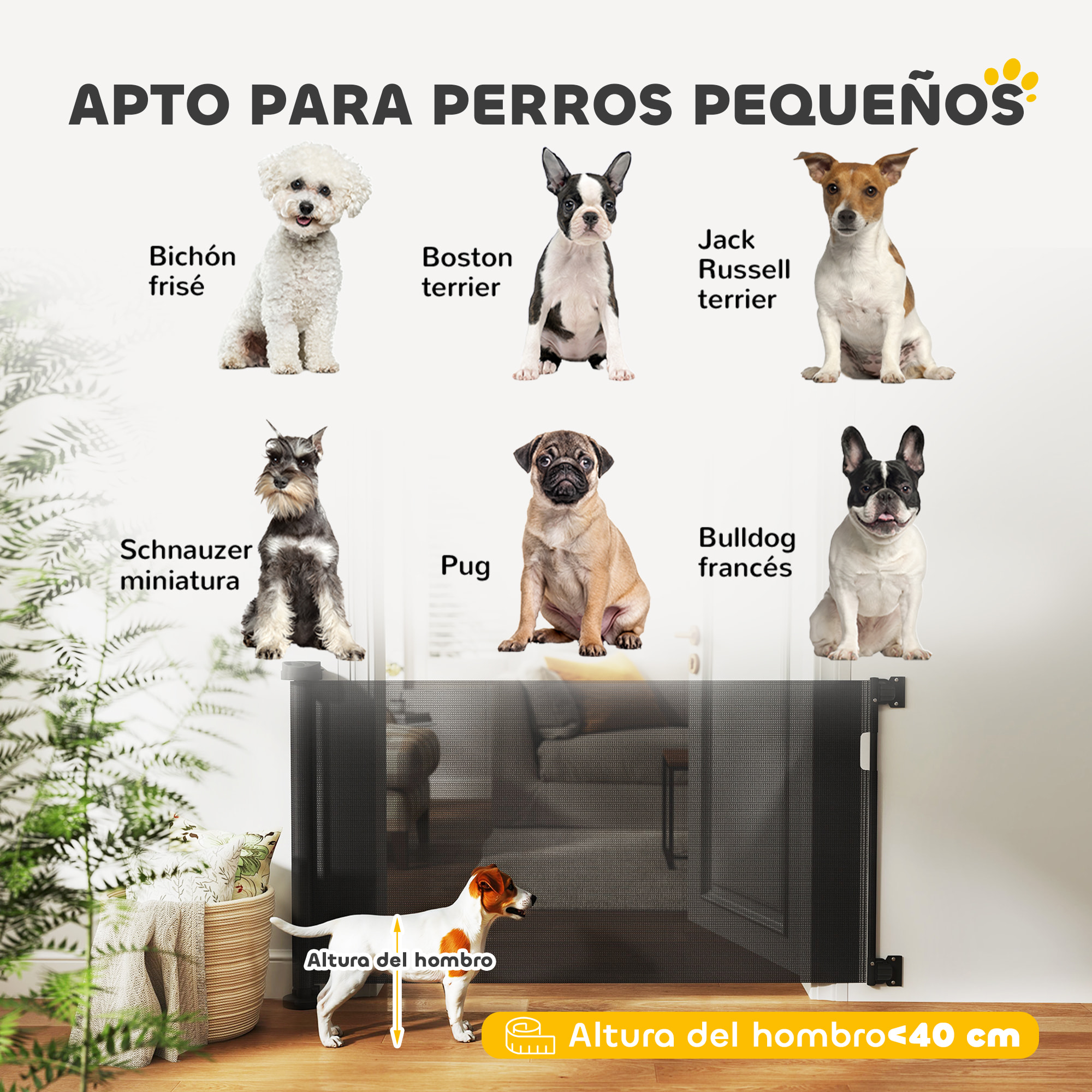 Barrera de Seguridad para Perros Retráctil 0-136 cm Puerta para Perros Pequeños Extensible con Interruptor de Cierre Red de Seguridad para Pasillos Escaleras Interiores y Exteriores