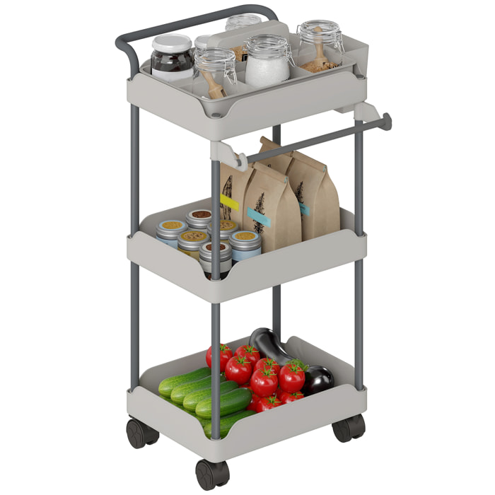 Carrito Auxiliar con Ruedas de 3 Niveles, Carrito de Cocina con Cestas Extraíbles, Ruedas con Freno, Soporte para Toallas y Marco de Metal, para Comedor, Salón, Baño, Oficina, Gris