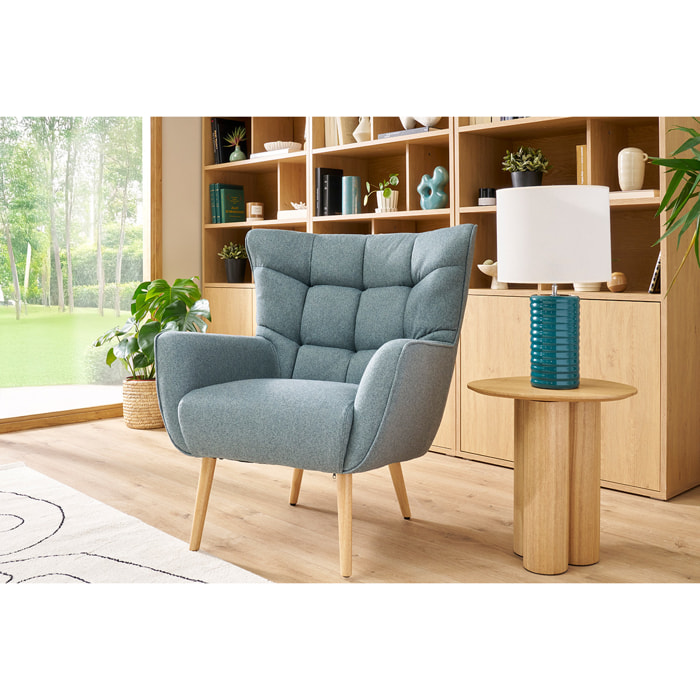 Fauteuil scandinave en tissu vert de gris et bois clair AVERY