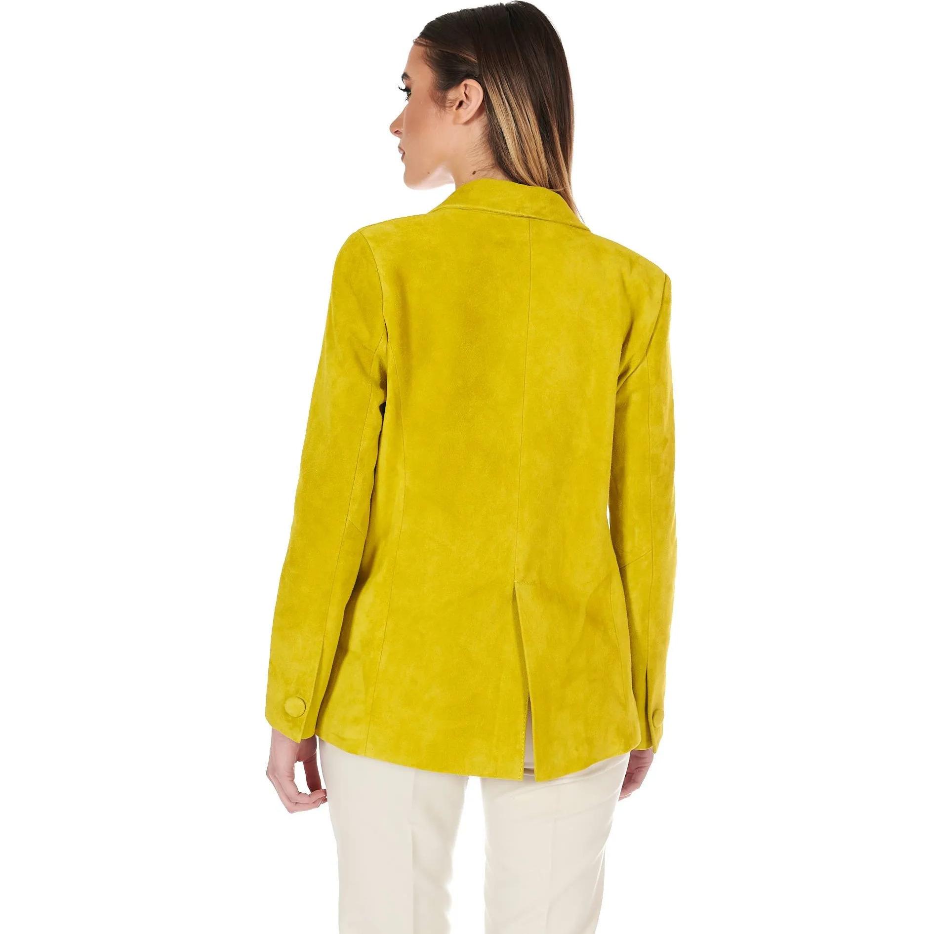 Blazer doppiopetto in pelle camoscio giallo chiusura bottone