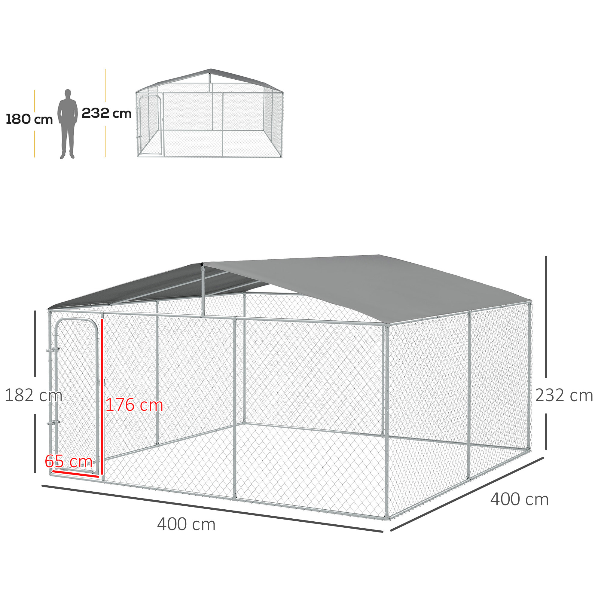 Perrera de Exterior con Toldo Anti-UV Impermeable Parque para Perros con Puerta con Pestillo y Marco de Metal Galvanizado para Patio Jardín Terraza 4x4x2,3 m Plata