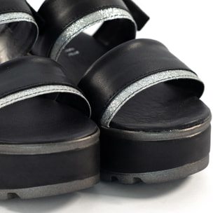 SANDALO DOPPIA FASCIA VERA PELLE SILVER NERO