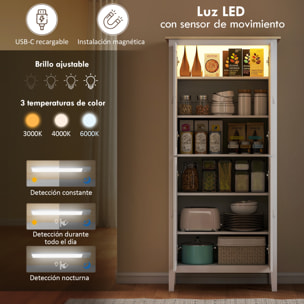 Alacena de Cocina Alta con Luz LED Sensor de Movimiento, Mueble Auxiliar de Cocina con Iluminación Regulable en 3 Colores, 4 Puertas y Estantes Ajustables, Blanco