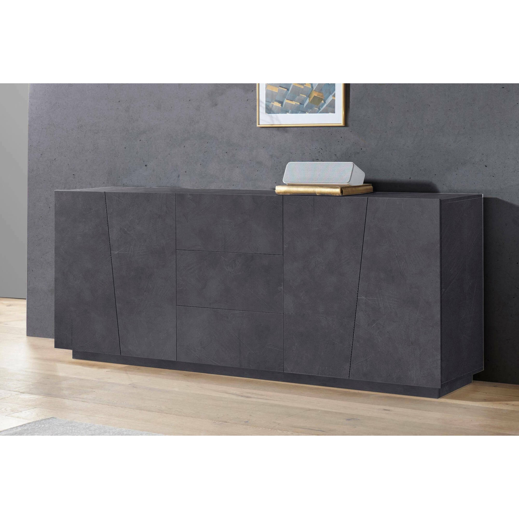 Credenza moderna a 4 ante e 3 cassetti, Made in Italy, Madia da cucina, Buffet di design da soggiorno, cm 220x43h86, colore Grigio Cenere