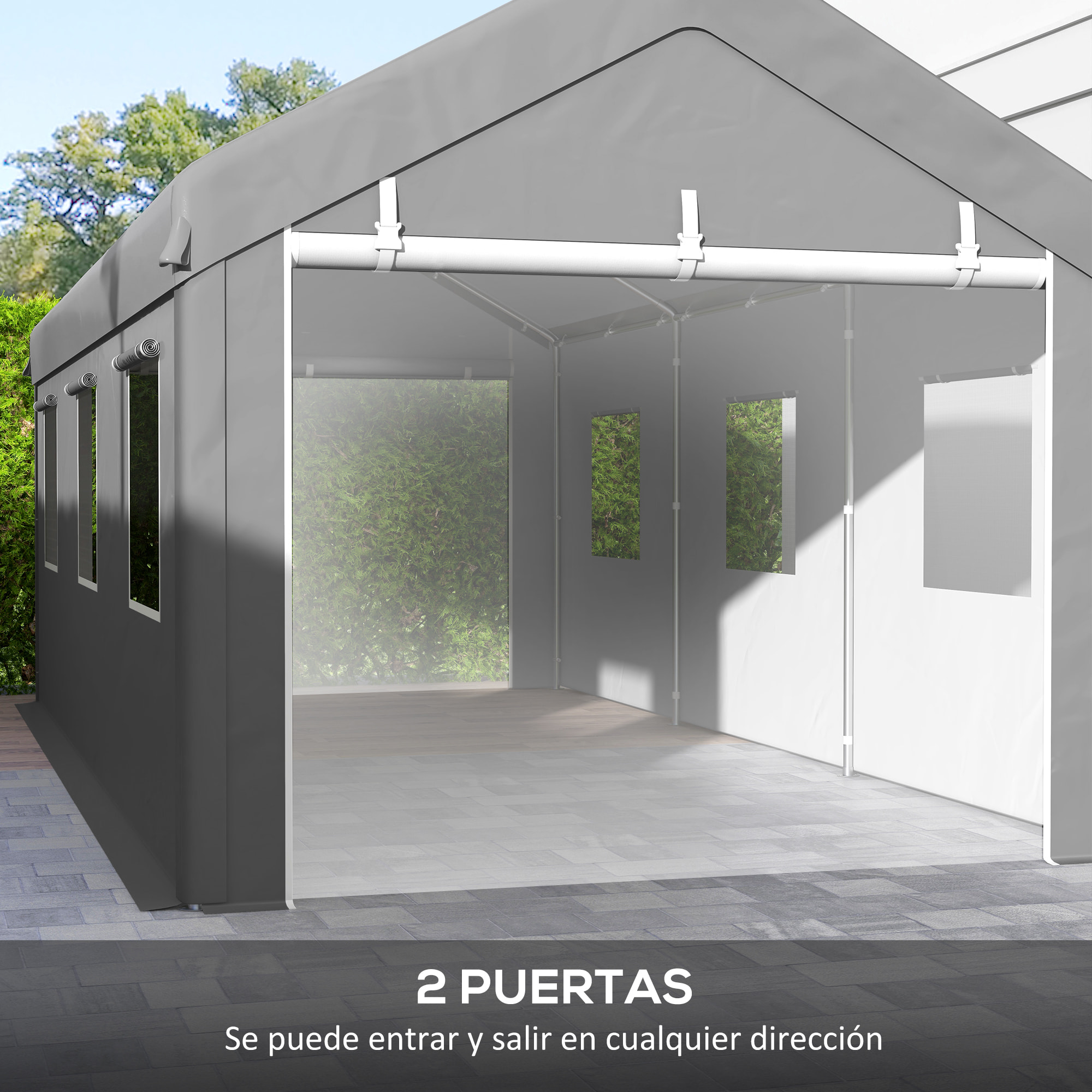 Carpa Garaje Portátil 6x3 m, Garaje Exterior para Coche Impermeable con Paredes Laterales Desmontables, 2 Puertas Enrollables y 6 Ventanas, Cobertizo de Almacenamiento Anti-UV, Gris Claro