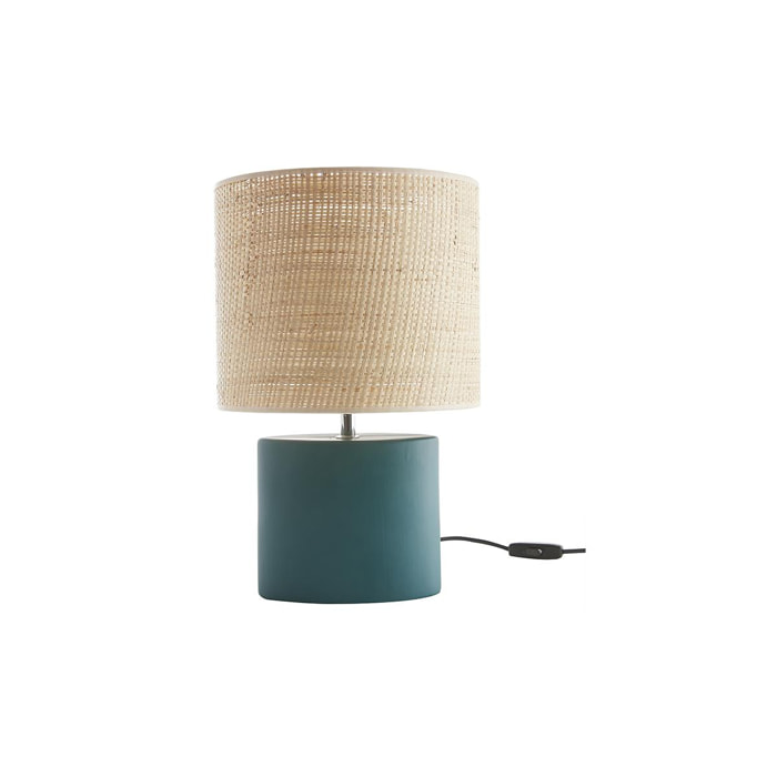 Lampe à poser en céramique bleu pétrole mat et abat-jour en raphia naturel H40 cm TIGA