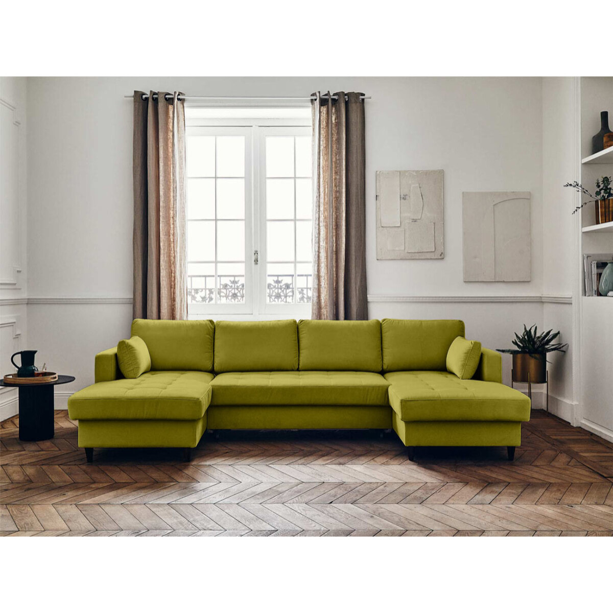 Anna - canapé panoramique en U - 7 places - convertible avec coffre - en velours - Vert Olive