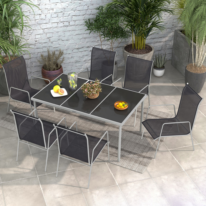 Conjunto de Comedor de Exterior Juego de Comedor de Jardín de 7 Piezas con 1 Mesa 6 Sillas Apilables y Marco de Acero para Terraza Patio Negro