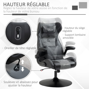 Fauteuil gaming base ronde métal pivotante 360° hauteur réglable tétière coussin lombaires accoudoirs relevables PU tissu gris noir