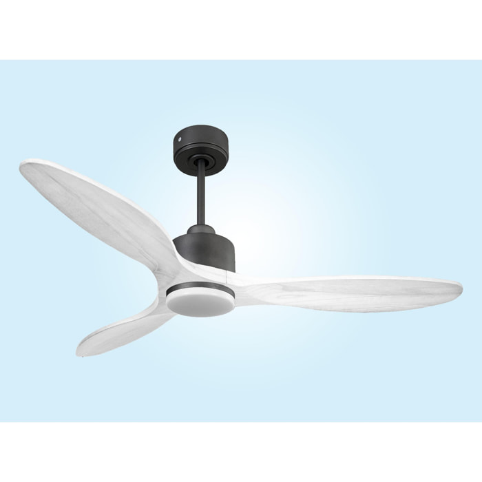 Ventilador de techo Modo Invierno/Verano Termostato Dimable Wifi Motor DC Techos Inclinados Mando a Distancia Luz tres tonos Hypersilence Memoria Vendible Shopify (AUTOMATICO) SantoriniD132C03LED65262 PURLINE