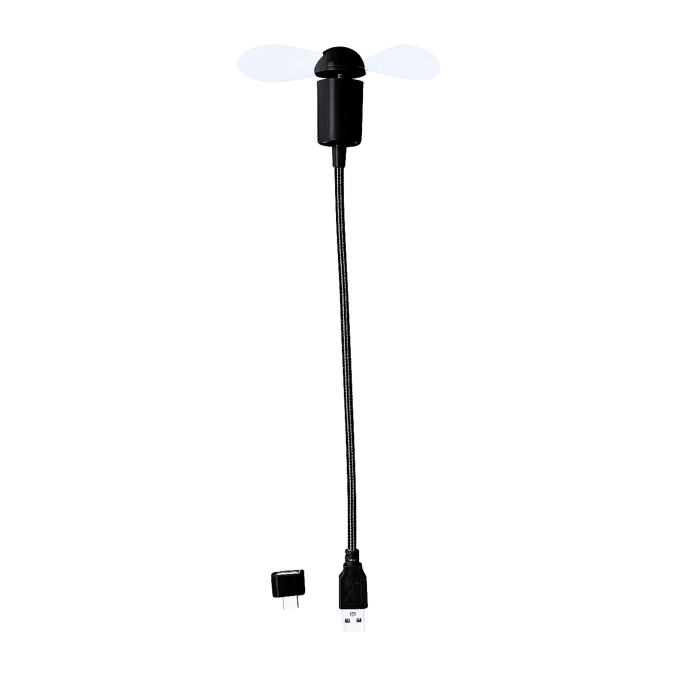 Ventilatore flessibile compatibile con USB e USB-C, con collo orientabile per dirigere il flusso d'aria. Compatto, leggero e senza bisogno di batterie, ideale per smartphone, portatili e batterie esterne.