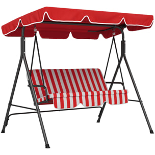 Balancelle de jardin 3 places toit inclinaison réglable coussins assise et dossier 1,72L x 1,1l x 1,52H m acier noir polyester rouge et blanc