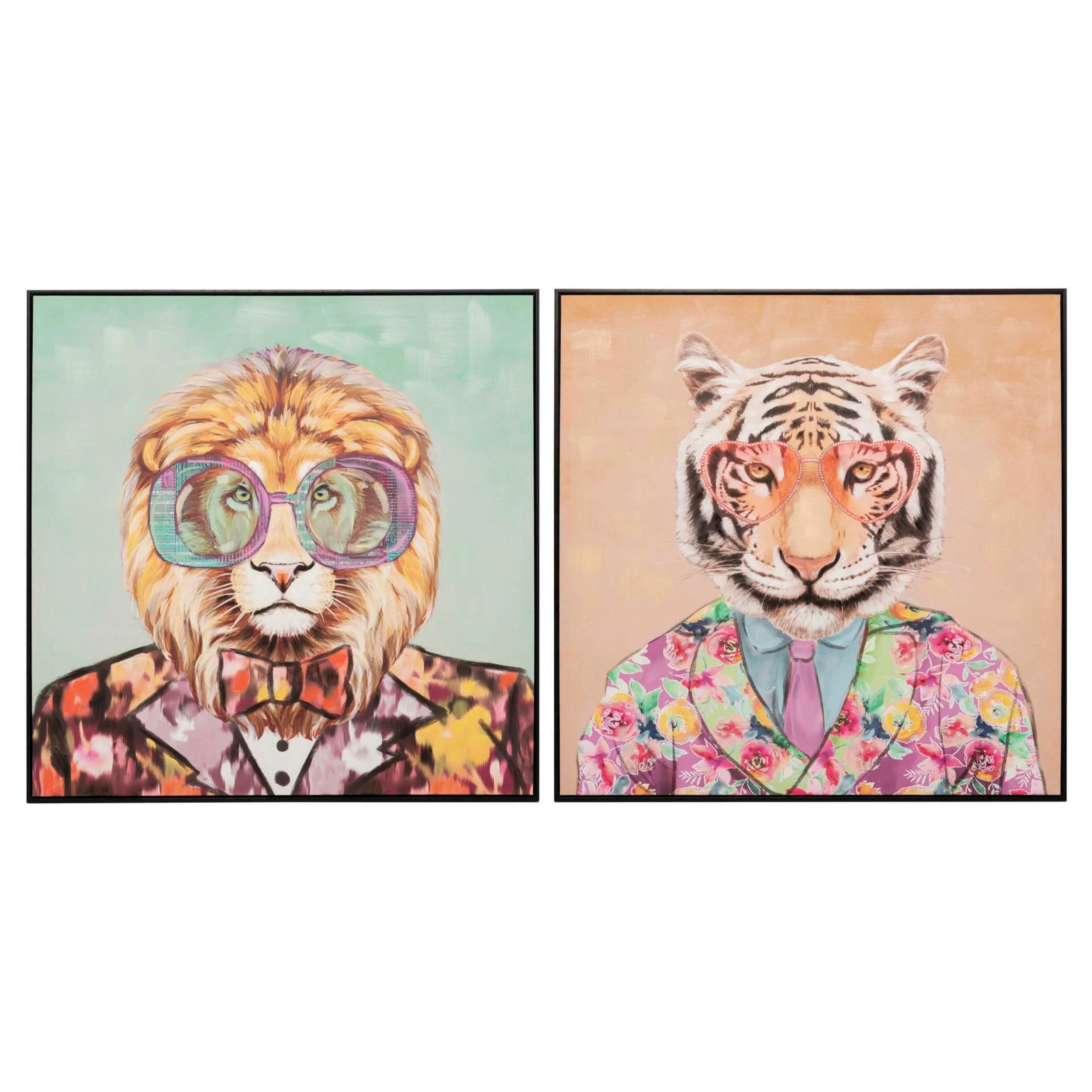 Set 2 Cuadros Tigre/leon Marco Negro 100x4x100cm