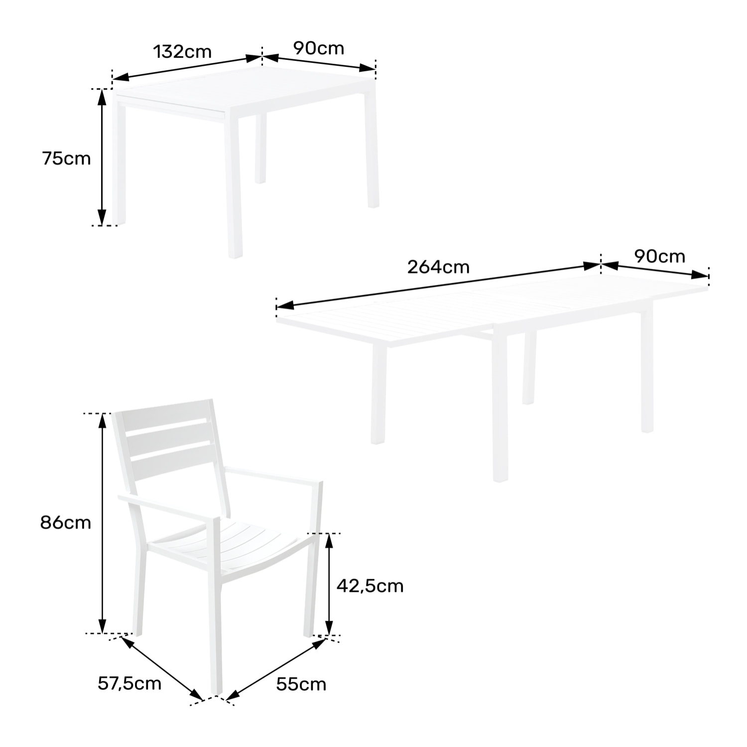 Salon de jardin VENEZIA extensible 132/264 en aluminium blanc - 10 places