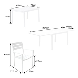 Salon de jardin VENEZIA extensible 132/264 en aluminium blanc - 10 places
