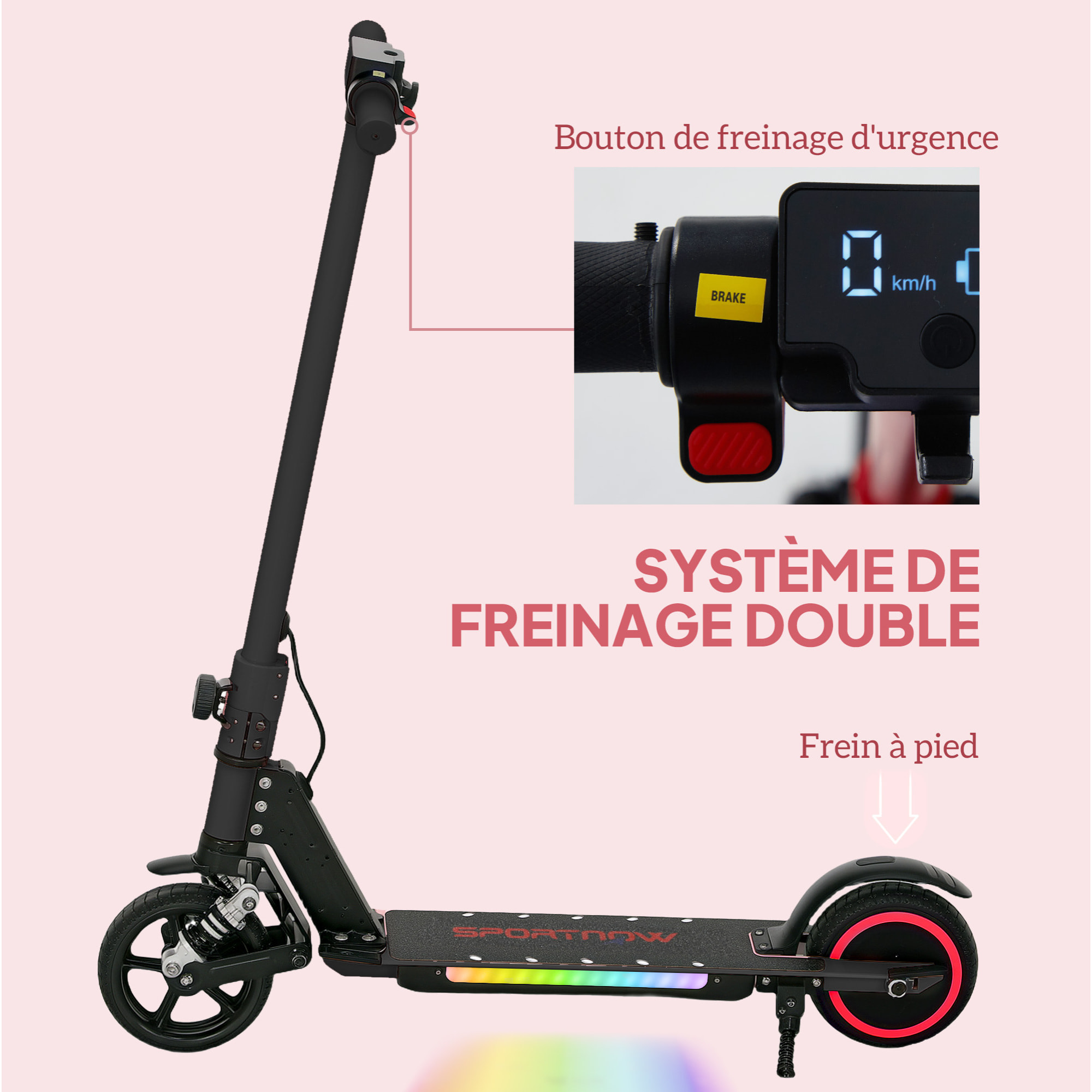 Trottinette électrique pliable LED 150W max. 14 Km/h enfant 6-14 ans double frein béquille alu noir
