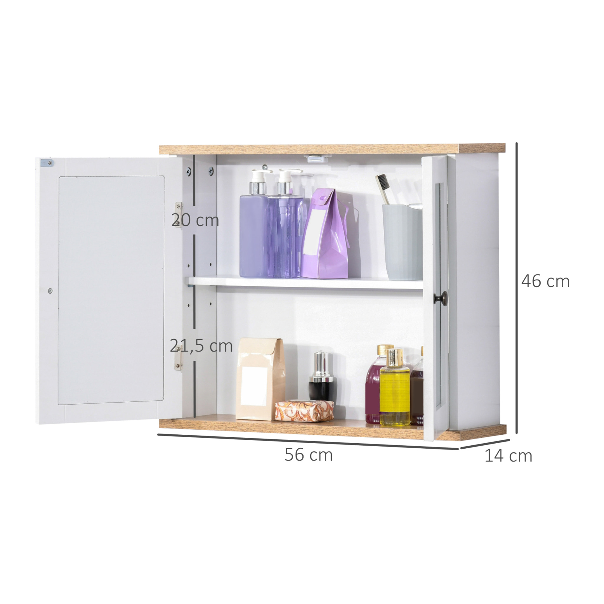 Armoire murale de salle de bain avec étagère réglable et 2 portes avec miroir en MDF - dim. 56I x 14P x 46H cm